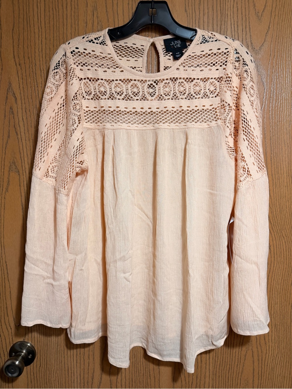 June + Vie Peach Tunic with Crochet Yoke and Long Sleeves